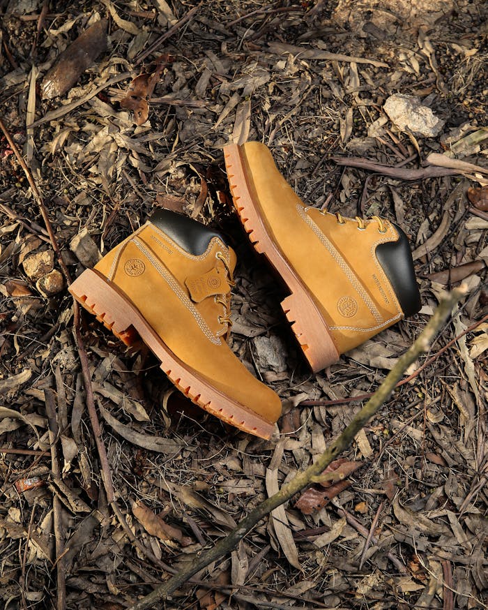 The Art of Drawing Readers In: Your attractive post title goes here Top view of stylish Timberland boots on a forest floor with dry leaves.