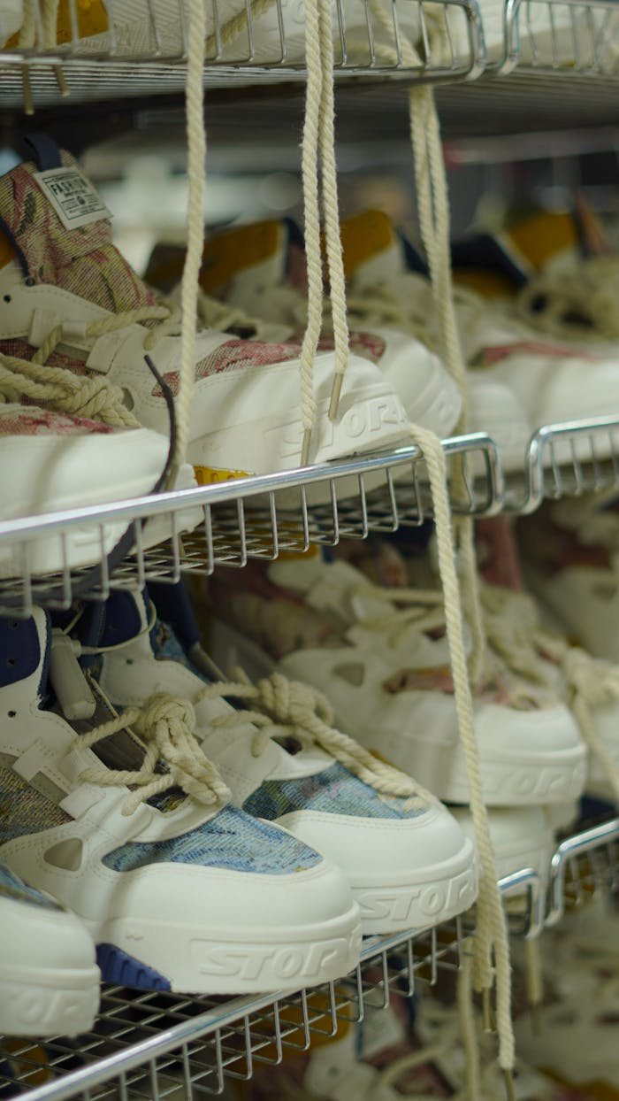 Neatly arranged colorful sneakers on metallic shelves in a Dubai store.